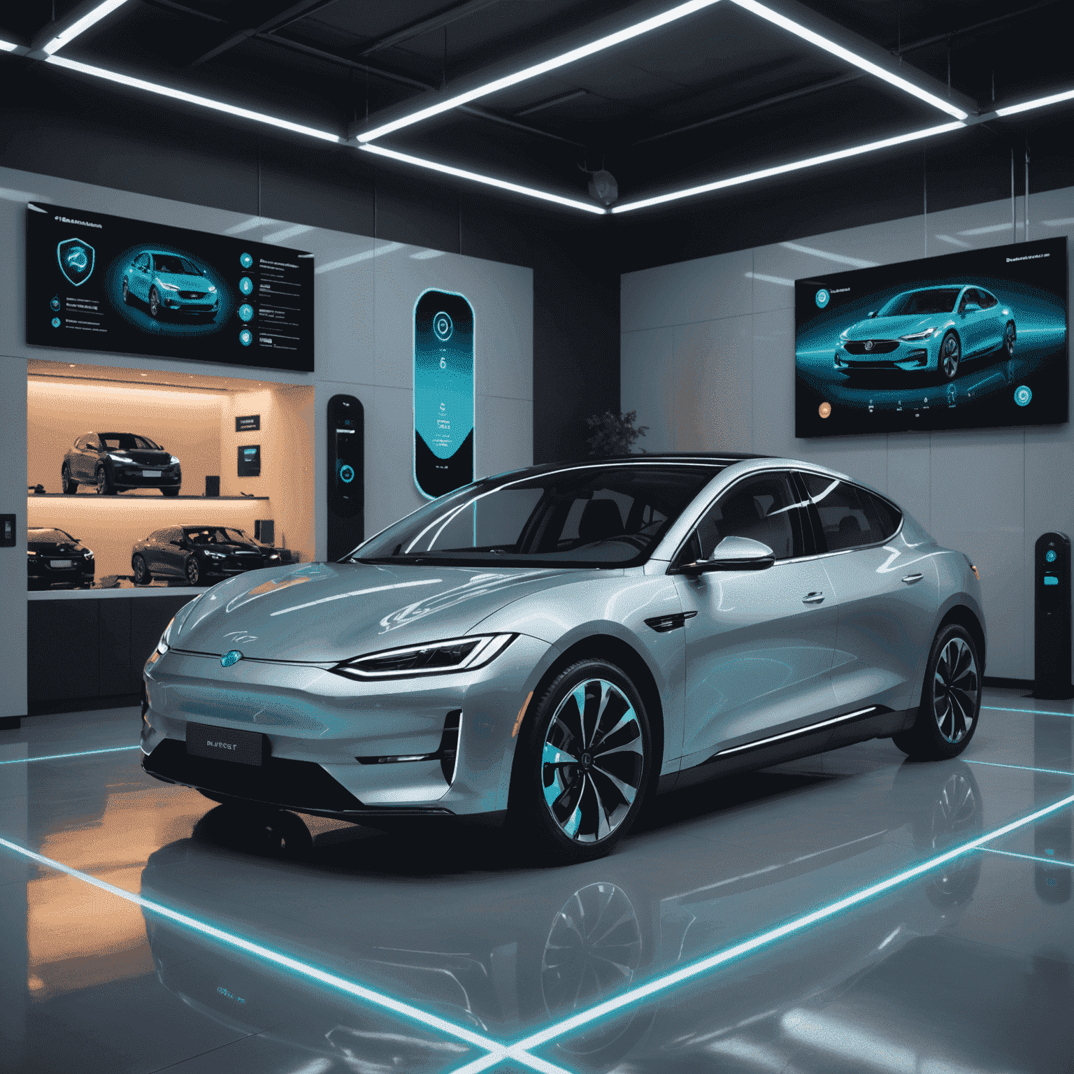 A modern electric car parked in a sleek, futuristic garage. The car is surrounded by holographic displays showing various insurance coverage options and digital protection symbols, emphasizing the concept of comprehensive electronic car insurance.