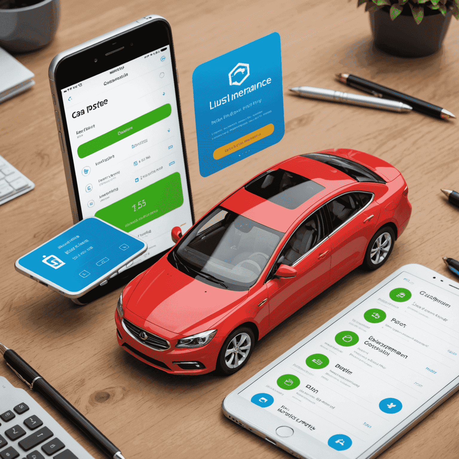 A digital interface showing various car insurance policy customization options, including coverage levels, deductibles, and add-ons. The interface is clean and user-friendly, with sliders and toggle switches for easy adjustments.