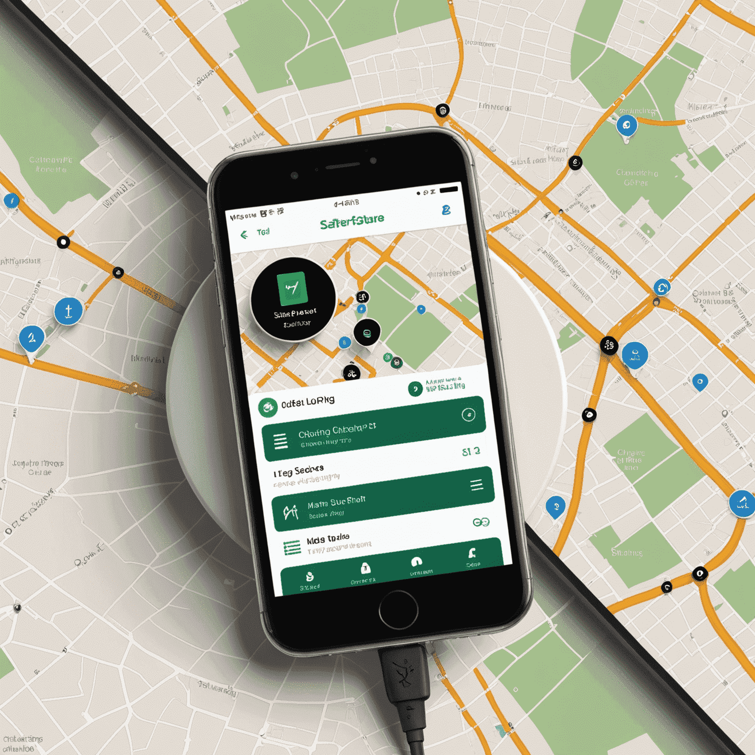 Mockup of the Saferoute EV Charging App interface showing a map with nearby charging stations, availability status, and user account information