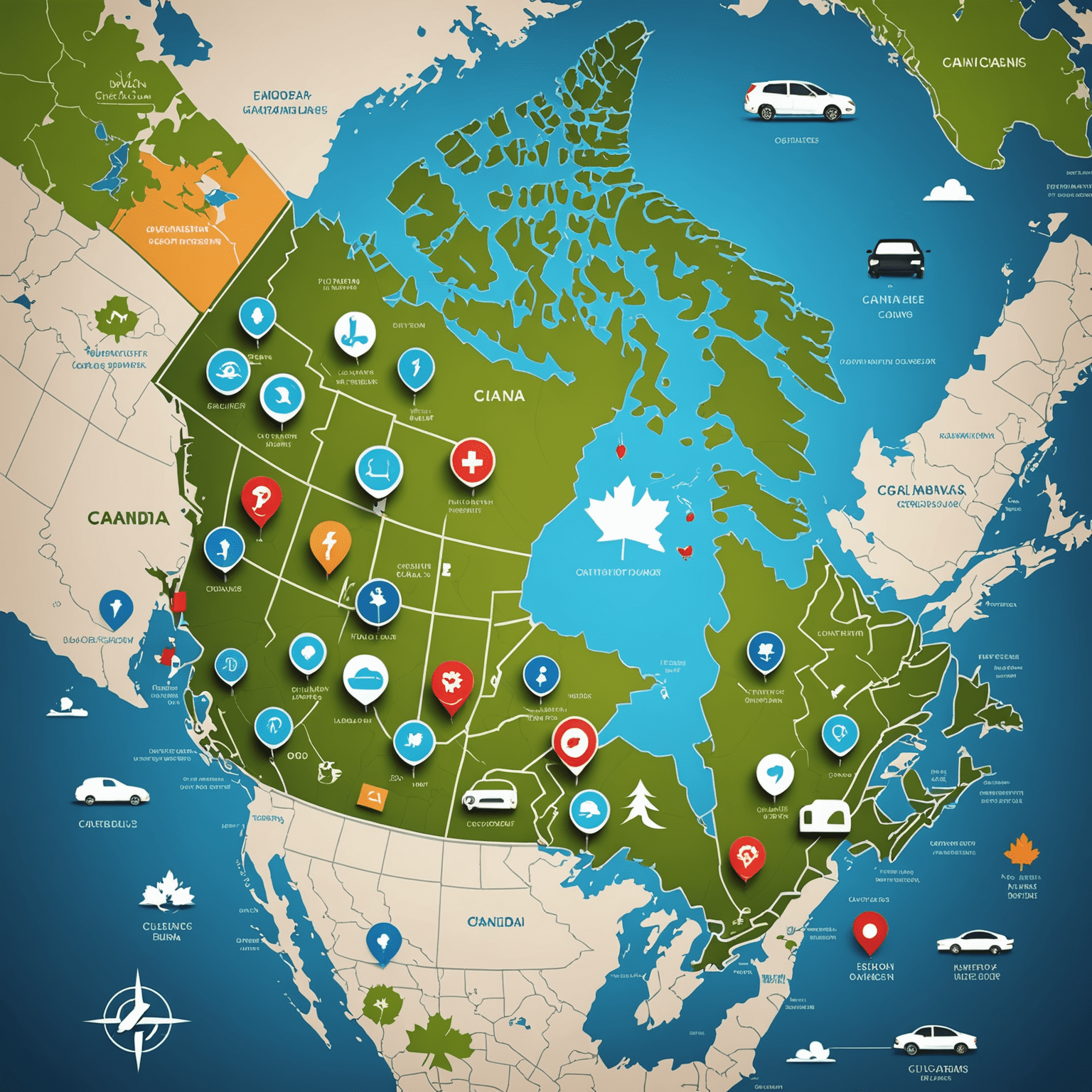 A map of Canada with EV charging station icons scattered across it, showcasing the extensive charging network available to policyholders