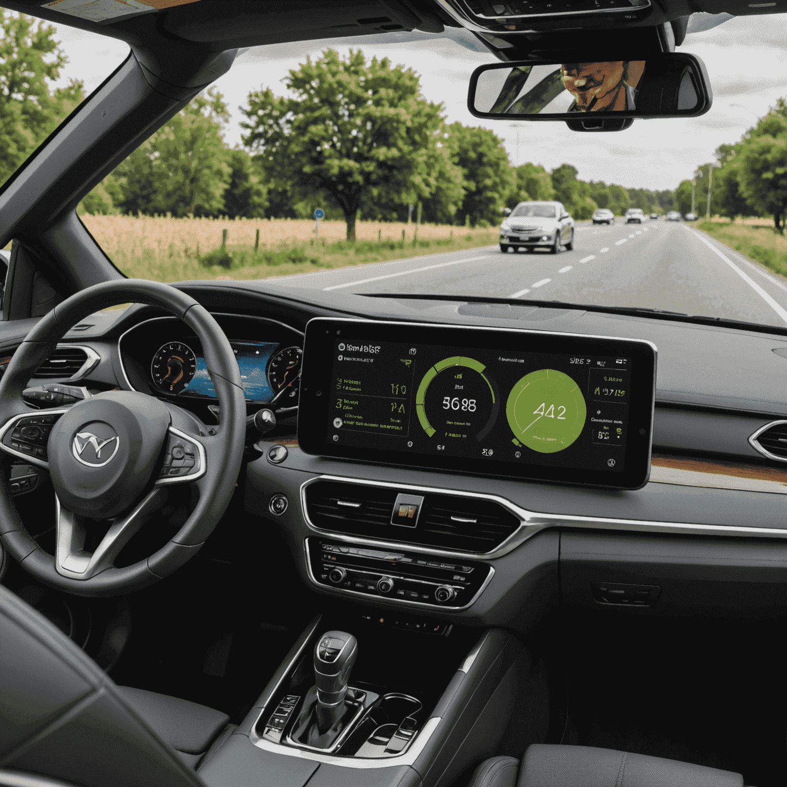 A digital dashboard displaying eco-friendly driving metrics and reward points, illustrating the green driving rewards program